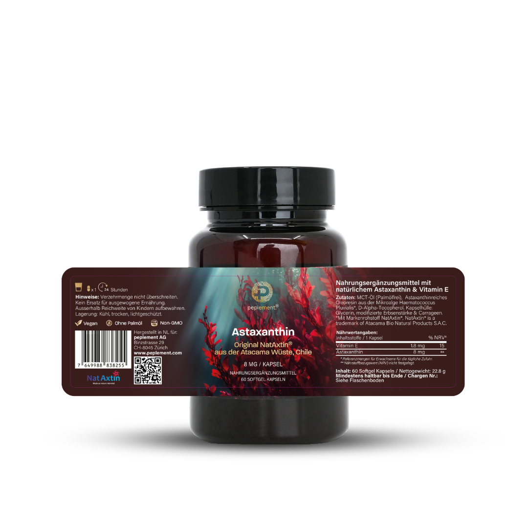 Astaxanthin 8 mg - NatAxtin®. Premium Antioxidantien Softgels & Vitamin E