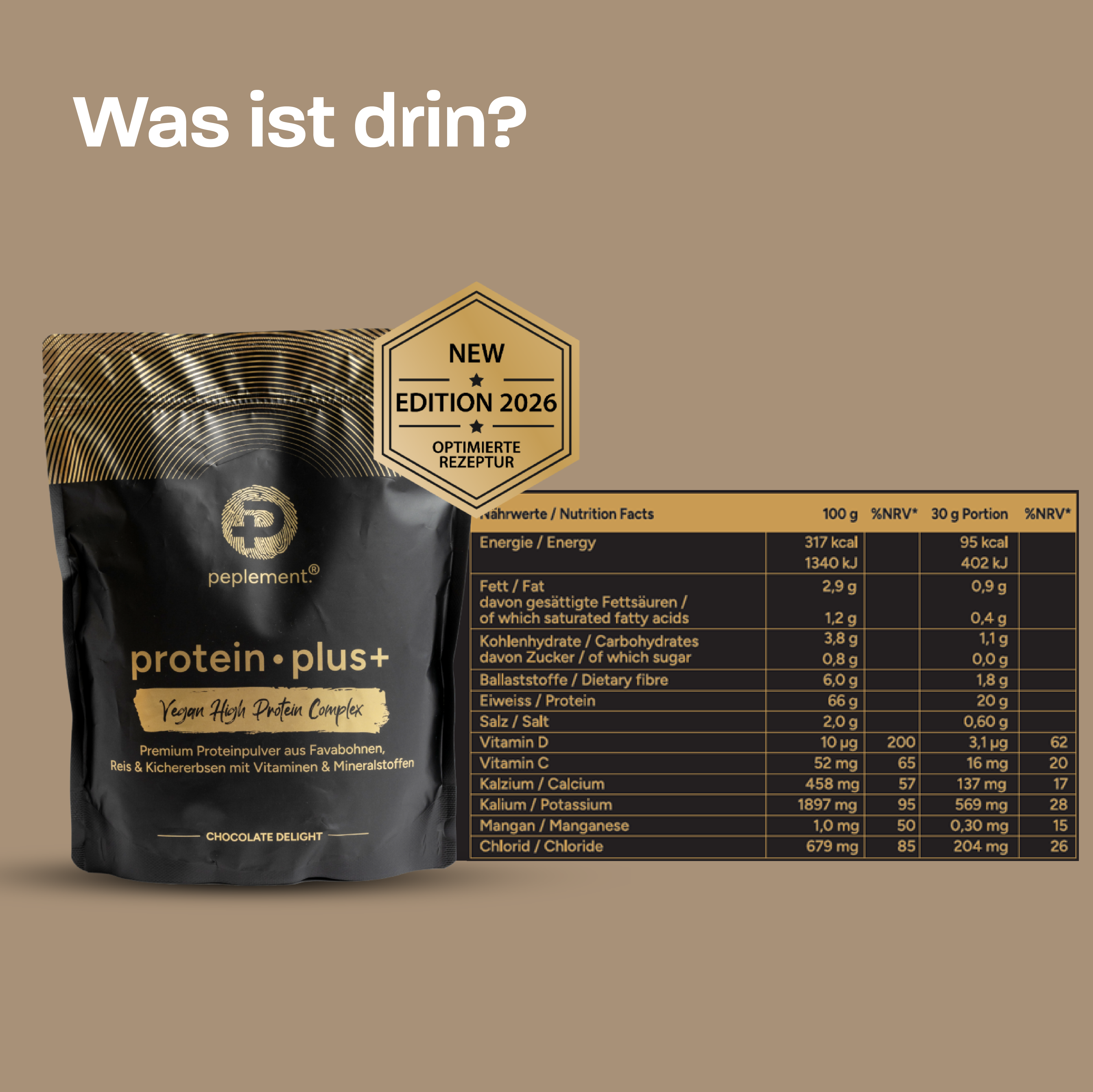 protein plus+ Schokolade - Veganes Protein aus Favabohnen, Kichererbsen & Reis
