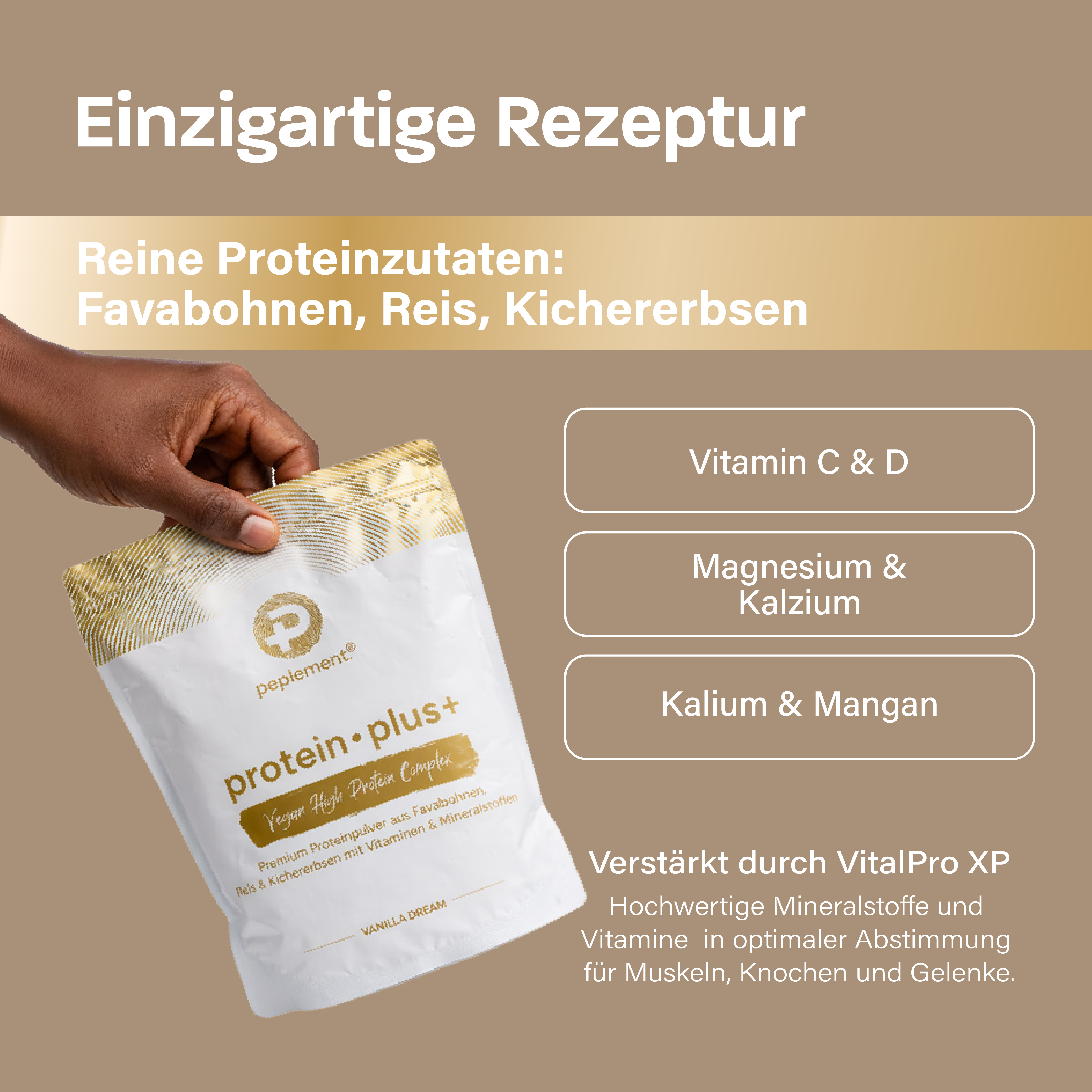 protein plus+  Vanille - Veganes Protein aus Favabohnen, Kichererbsen & Reis