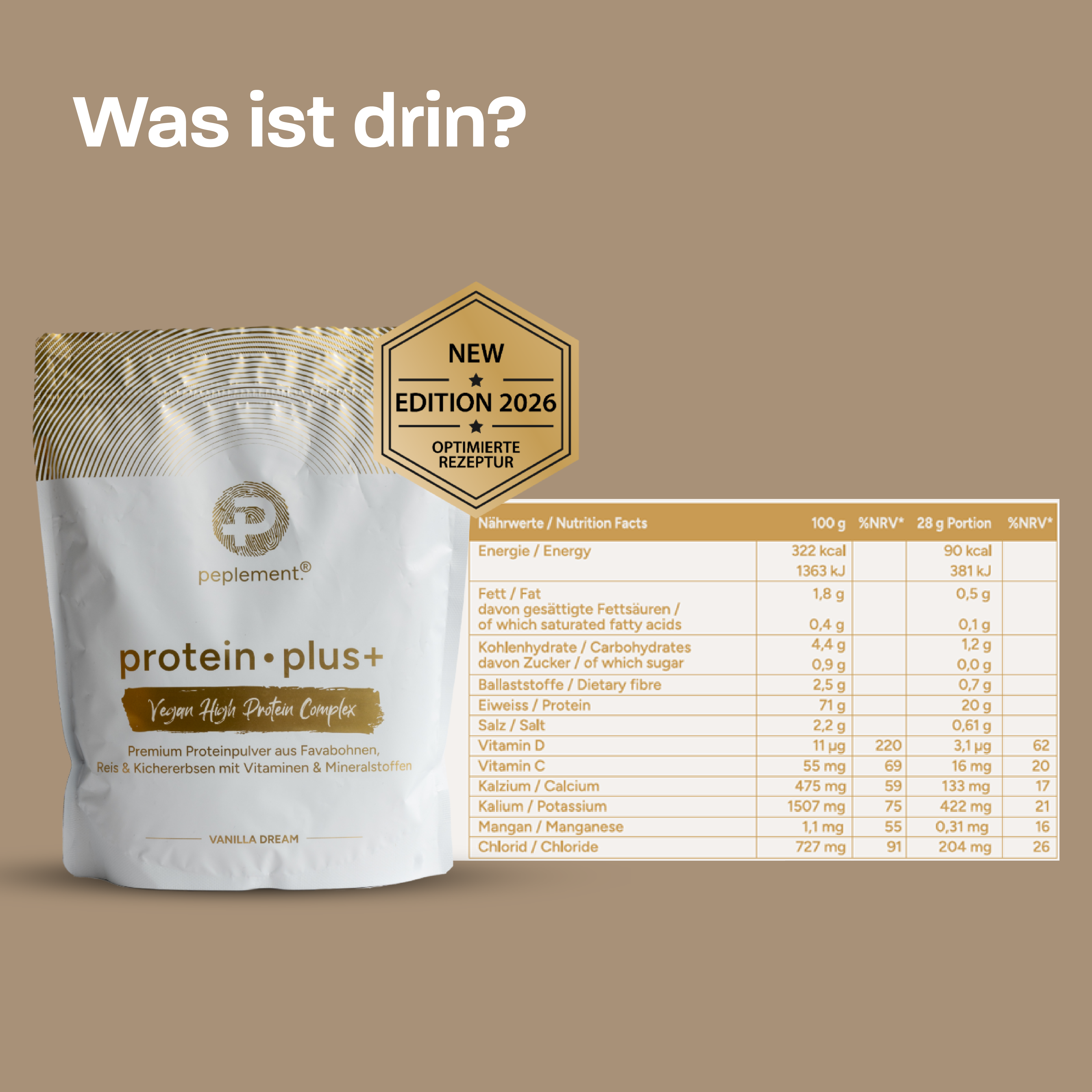 protein plus+  Vanille - Veganes Protein aus Favabohnen, Kichererbsen & Reis