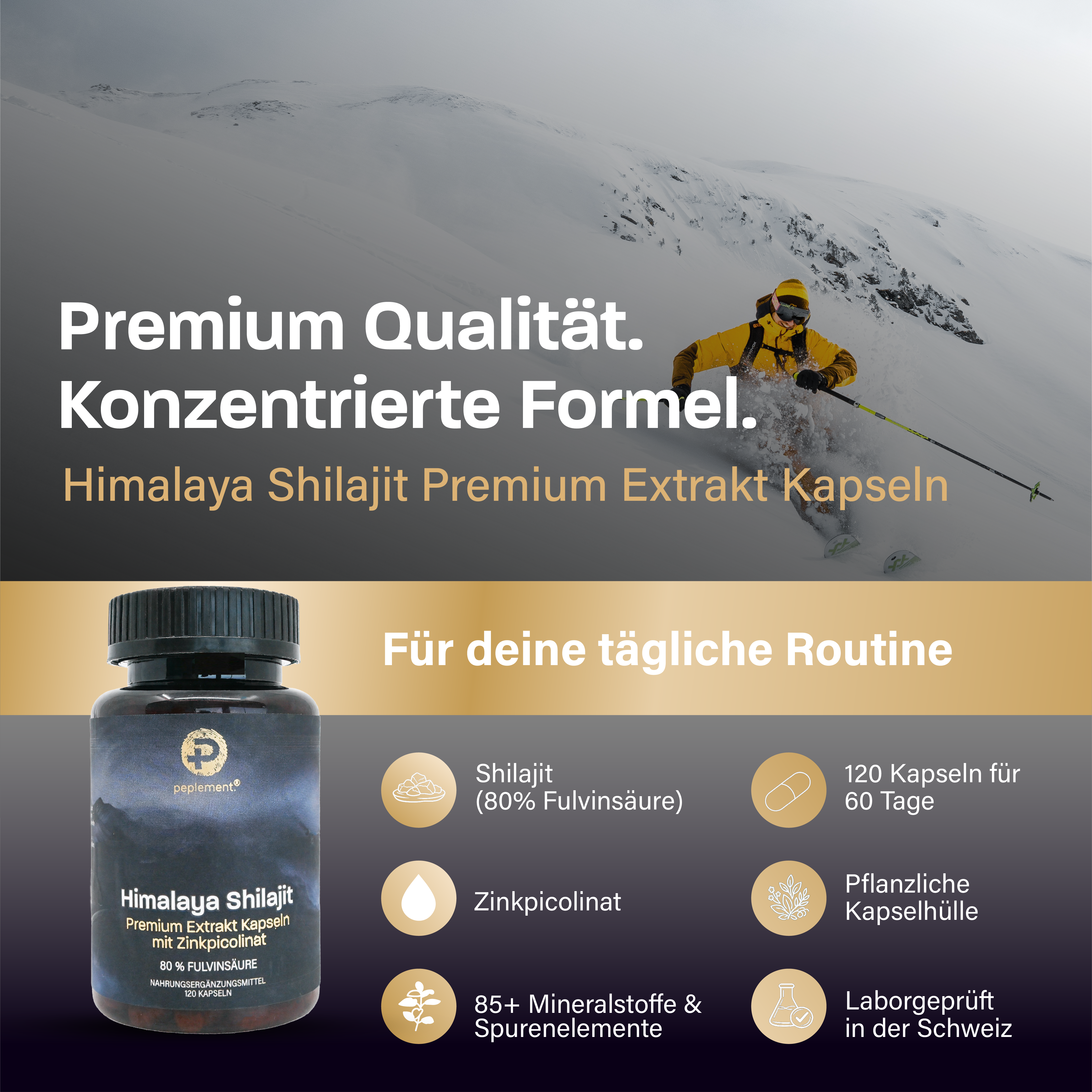 100 % reine Shilajit Kapseln aus dem Himalaya, ohne Füllstoffe. Mit 80 % Fulvinsäure und Zinkpicolinat.